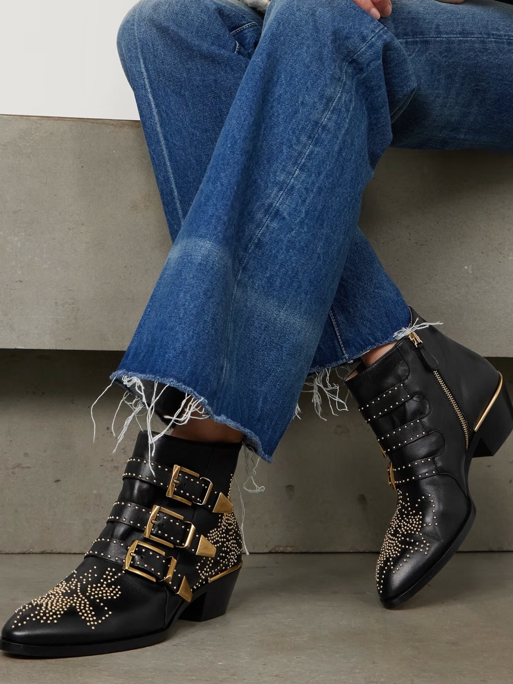 Brand New! Chloe Susanna Studded Black Leather Ankle Boots Gold Buckles